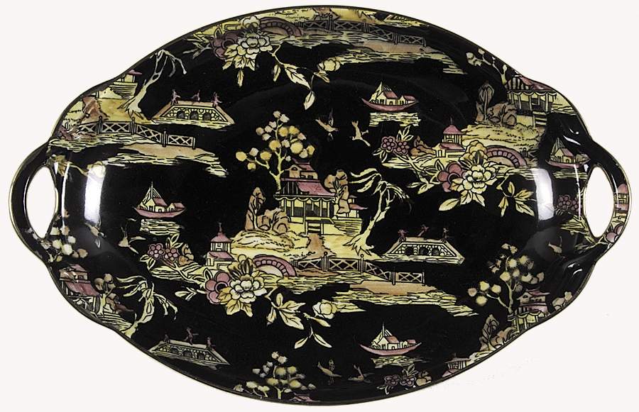 Pekin Black (Gold Trim) Handled Malta Shape Oval Tray by Royal Winton-1