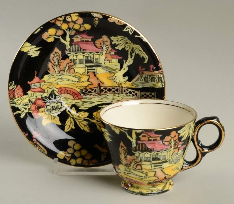 Pekin Black (Gold Trim) Footed Demitasse Cup & Saucer Set by Royal Winton-1
