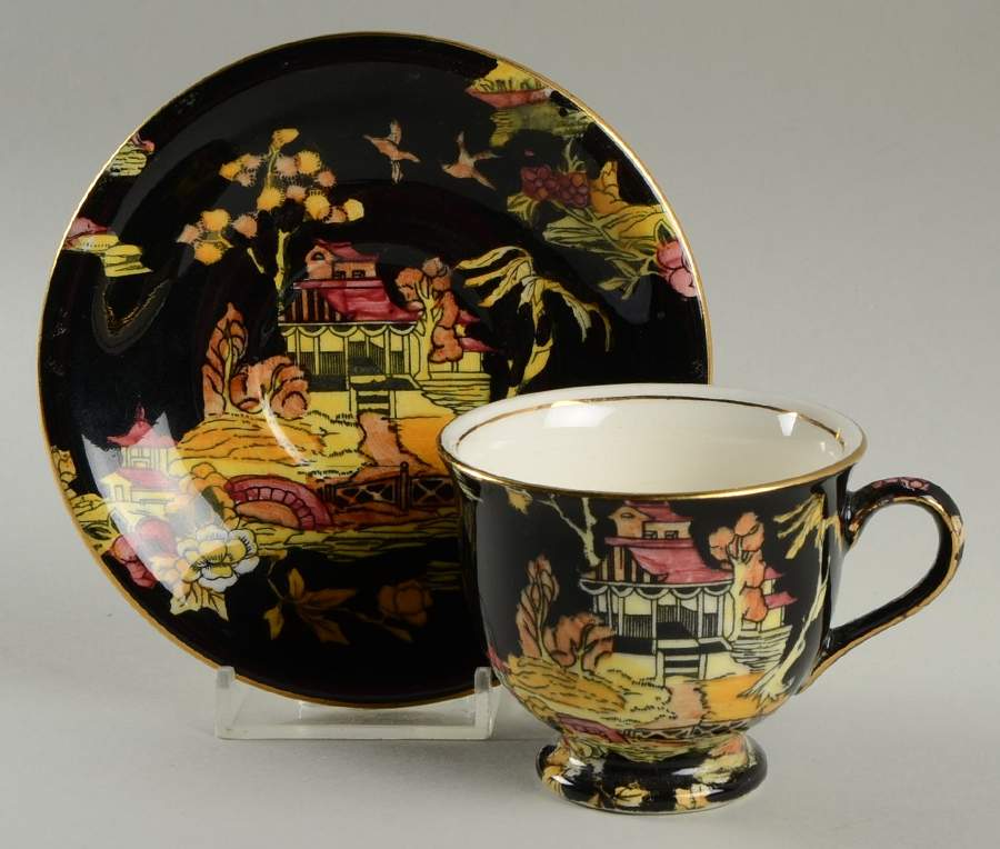 Pekin Black (Gold Trim) Footed Cup & Saucer Set by Royal Winton-1