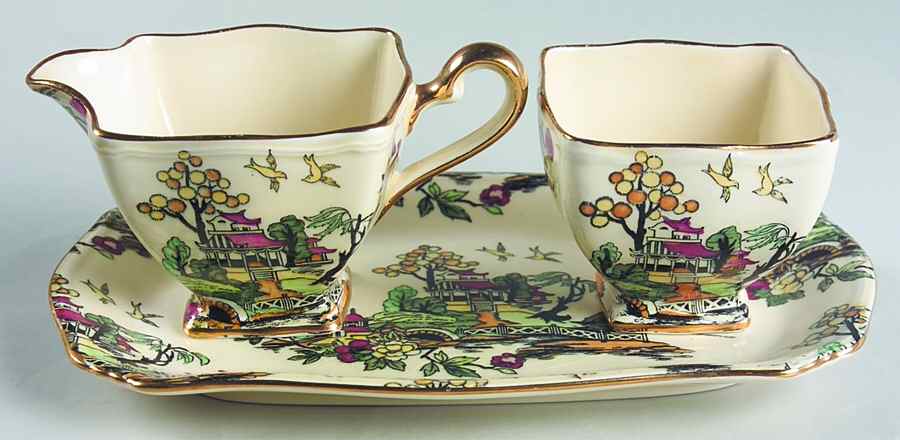 Pekin Cream Creamer & Open Sugar with Tray by Royal Winton-1