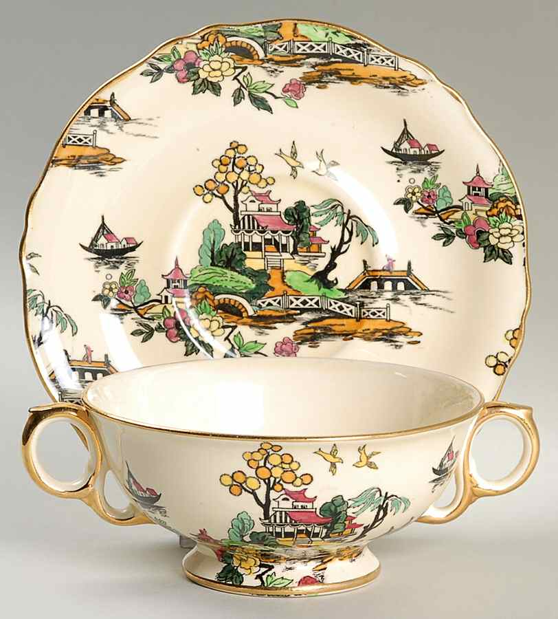 Pekin Cream Footed Cream Soup Bowl & Saucer Set by Royal Winton-1