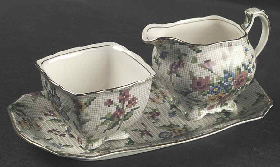 Queen Anne Creamer & Open Sugar with Tray by Royal Winton-1