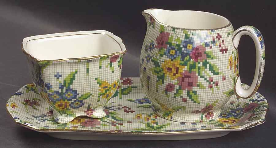 Queen Anne Creamer & Open Sugar with Tray by Royal Winton-1