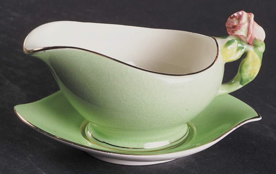 Rosebud Green (Green Background) Mint Boat & Stand by Royal Winton-1