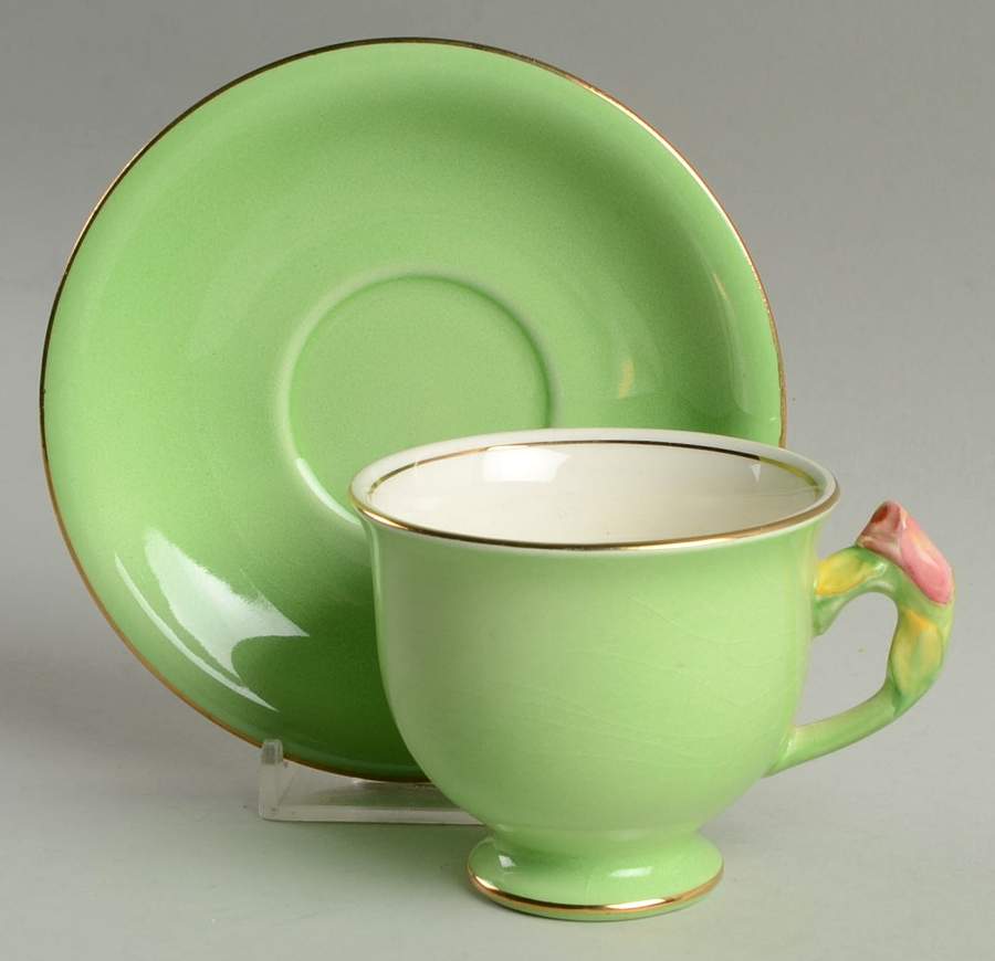 Rosebud Green (Green Background) Footed Demitasse Cup & Saucer Set by Royal Winton-1