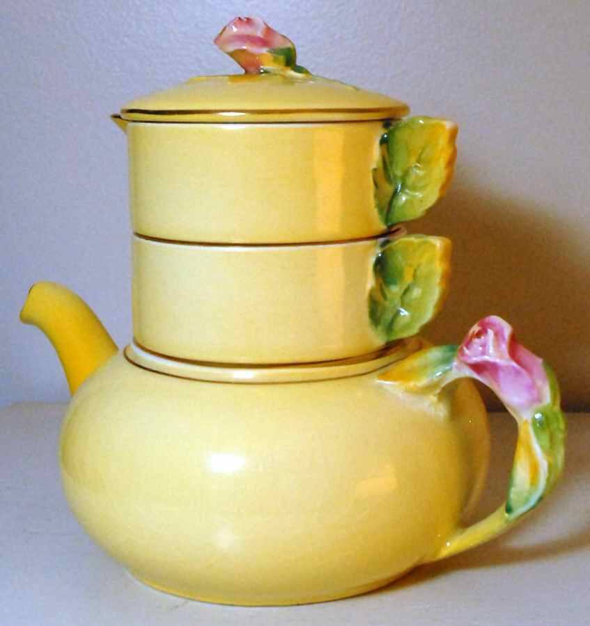 Rosebud Yellow (Yellow Background) Mini Teapot Stacking Set (Creamer, Sugar) by Royal Winton-1