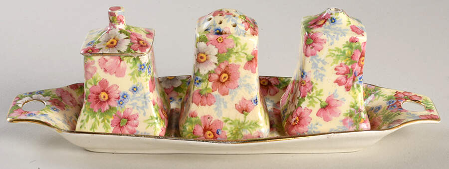 Shrewsbury Fife Cruet Set, Salt and Pepper, Mustard on Tray by Royal Winton-1