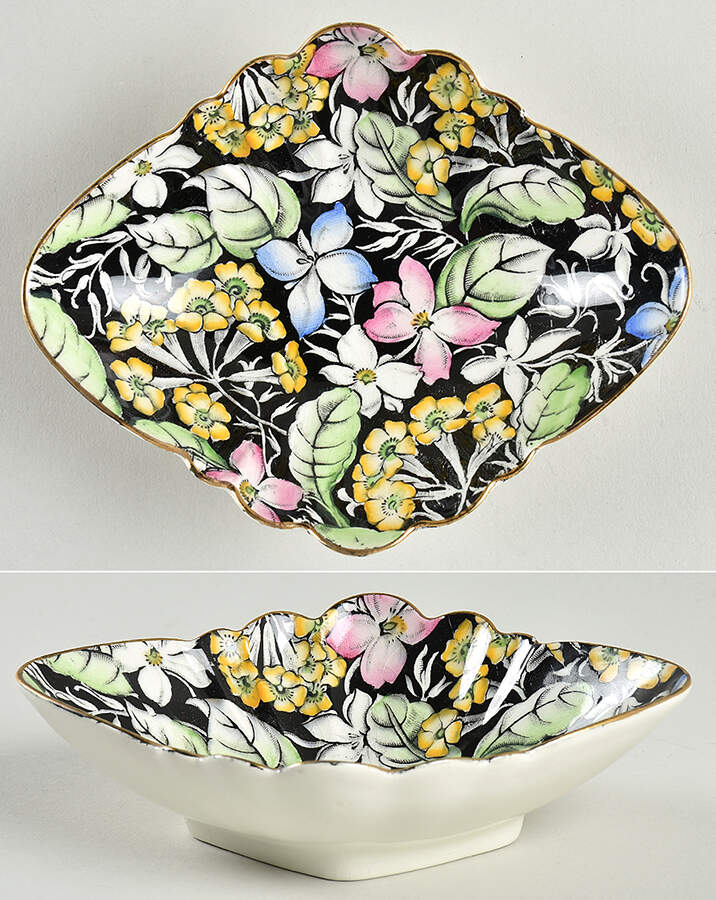 Spring Glory Black 5" Oval Nut Dish by Royal Winton-1
