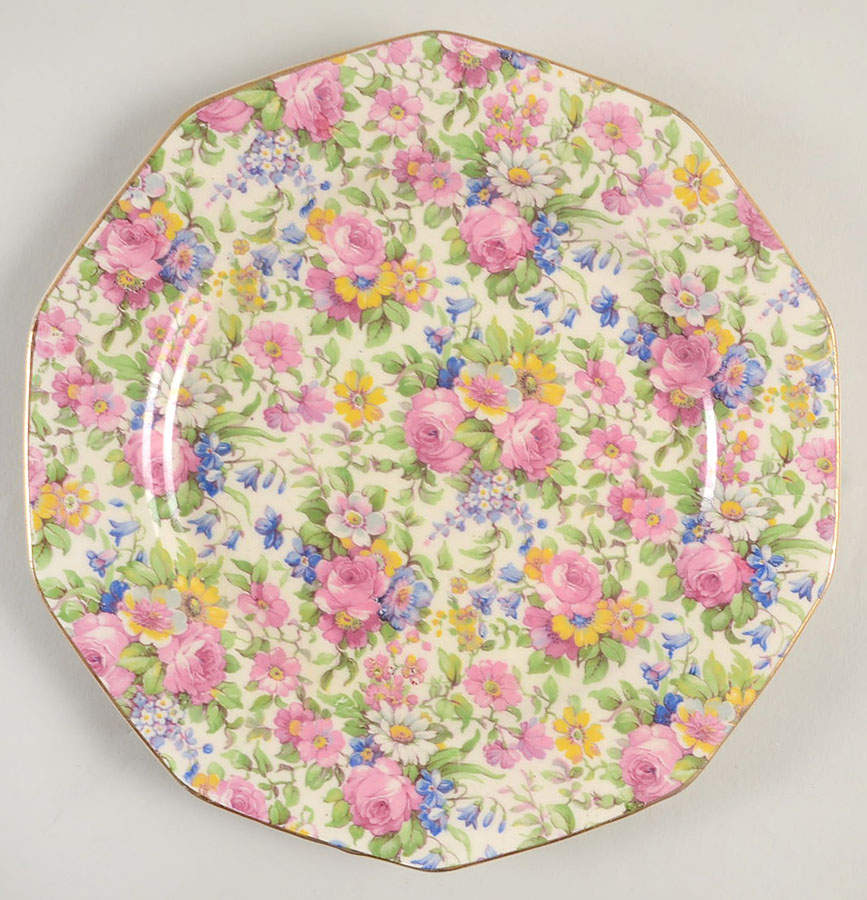 Summertime (Pre 1960, Cream Background, Gold Trim) Decagon (10 Sided) Salad Plate by Royal Winton-1