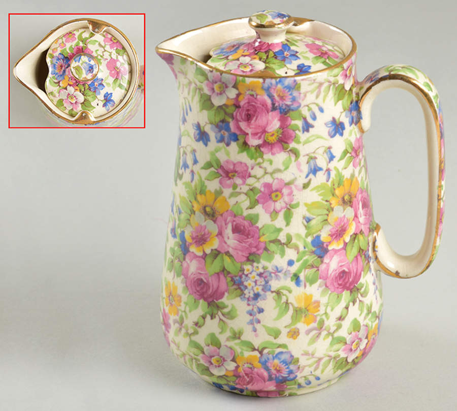 Summertime (Pre 1960, Cream Background, Gold Trim) Large Syrup with Lid by Royal Winton-1