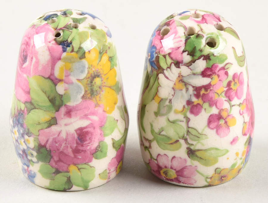 Summertime (Pre 1960, Cream Background, Gold Trim) Individual Salt & Pepper Set by Royal Winton-1
