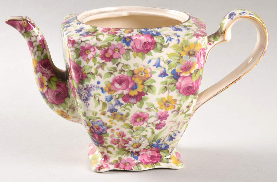 Summertime (Pre 1960, Cream Background, Gold Trim) 3 Cup Ascot Teapot No Lid by Royal Winton-1