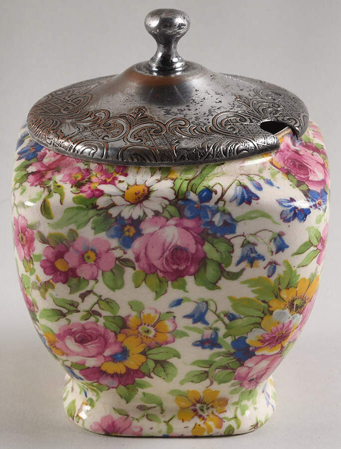 Summertime (Pre 1960, Cream Background, Gold Trim) Jam/Jelly & Metal Lid by Royal Winton-1