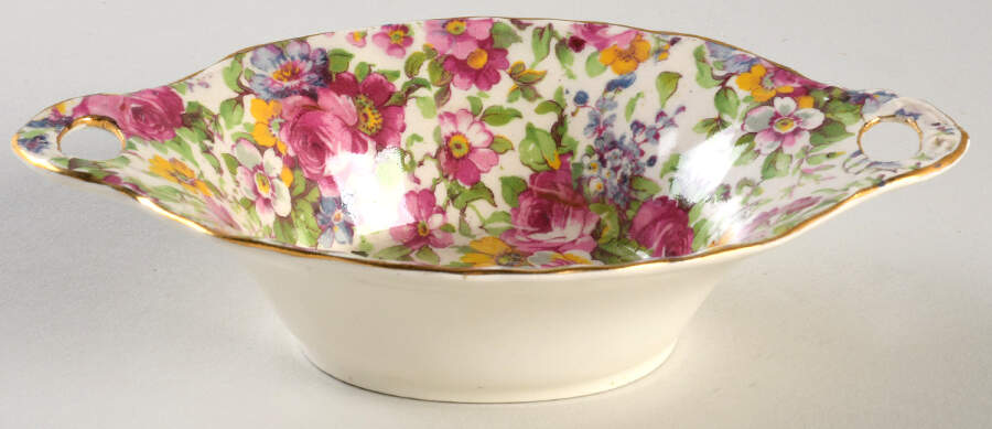Summertime (Pre 1960, Cream Background, Gold Trim) 6" Oval Nut Dish by Royal Winton-1