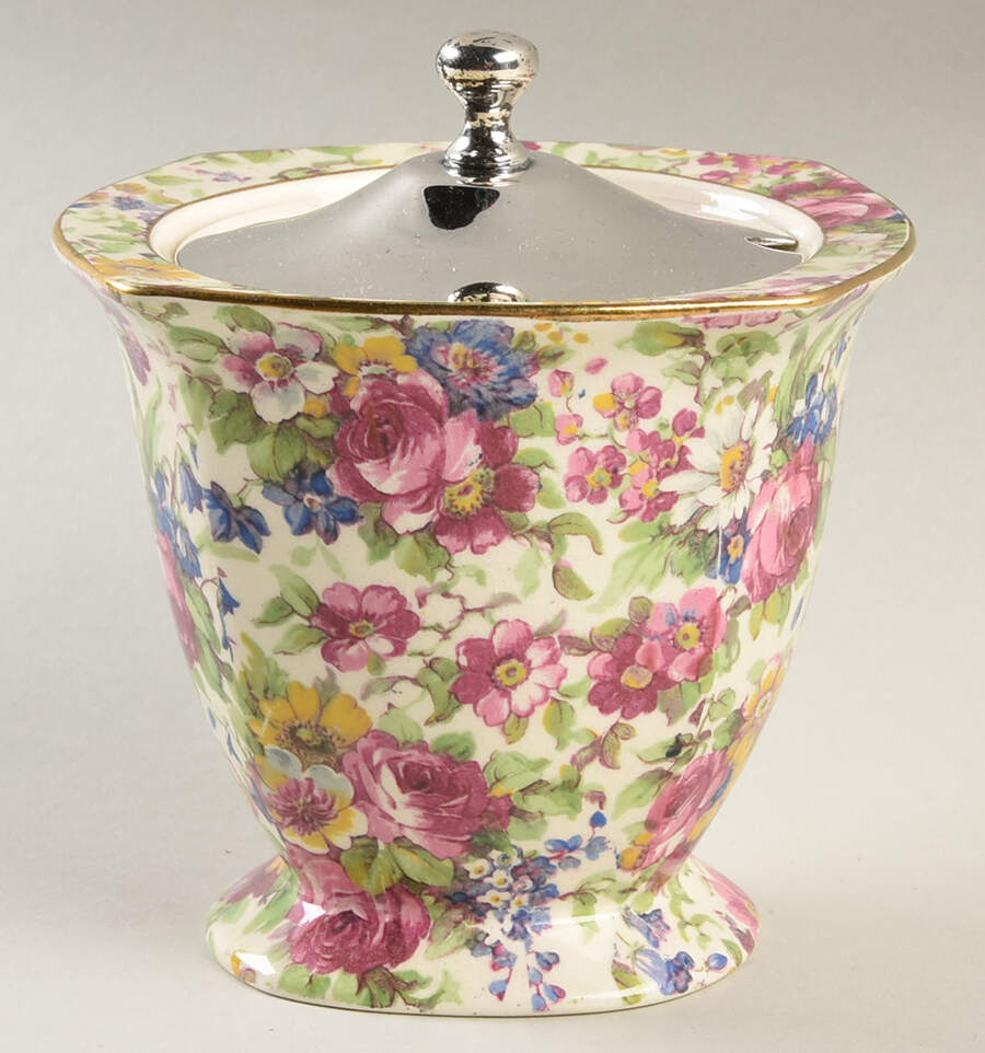 Summertime (Pre 1960, Cream Background, Gold Trim) Jam/Jelly & Metal Lid by Royal Winton-1