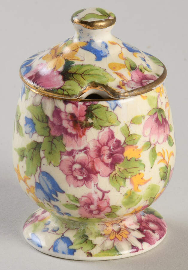 Summertime (Pre 1960, Cream Background, Gold Trim) Cloverleaf Mustard with Lid by Royal Winton-1