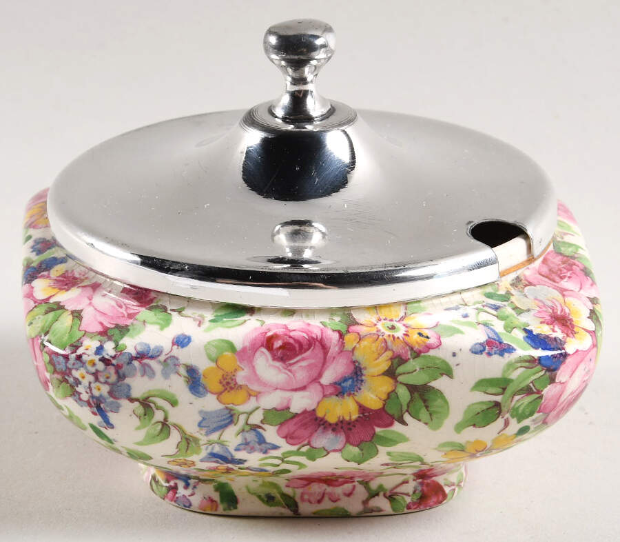 Summertime (Pre 1960, Cream Background, Gold Trim) Jam/Jelly & Metal Lid by Royal Winton-1