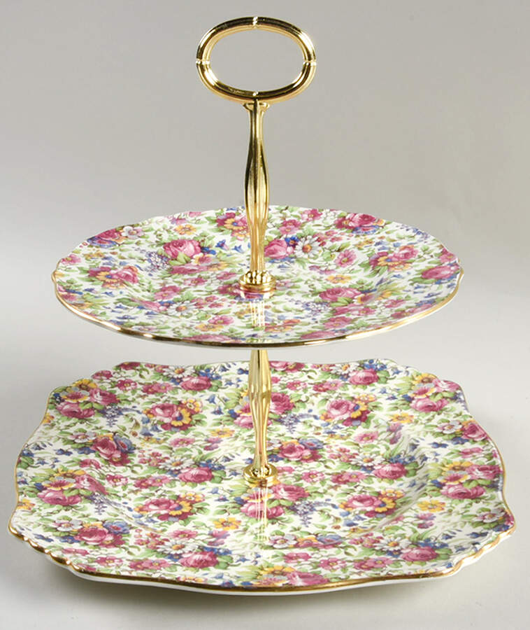 Summertime (Pre 1960, Cream Background, Gold Trim) 6 5/8"-10"  2 Tiered Serving Tray (Dp, Sp) HC by Royal Winton-1