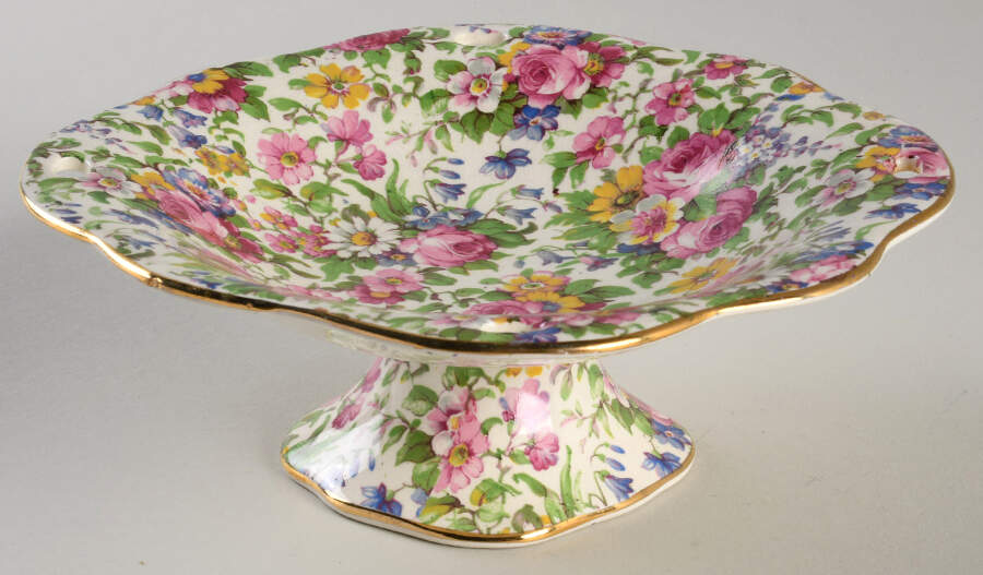 Summertime (Pre 1960, Cream Background, Gold Trim) Footed Bon Bon by Royal Winton-1