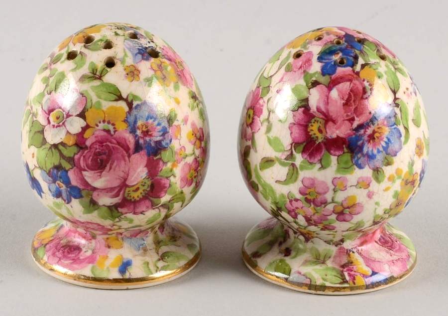 Summertime (Pre 1960, Cream Background, Gold Trim) Clover Leaf Salt and Pepper Set by Royal Winton-1