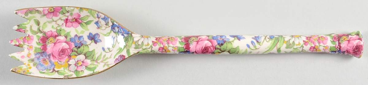 Summertime (Pre 1960, Cream Background, Gold Trim) Salad Serving Fork, Solid Piece by Royal Winton-1