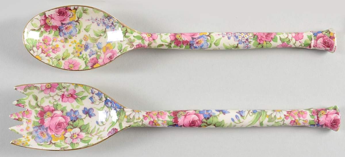 Summertime (Pre 1960, Cream Background, Gold Trim) 2 Piece Salad Set, Solid Piece by Royal Winton-1