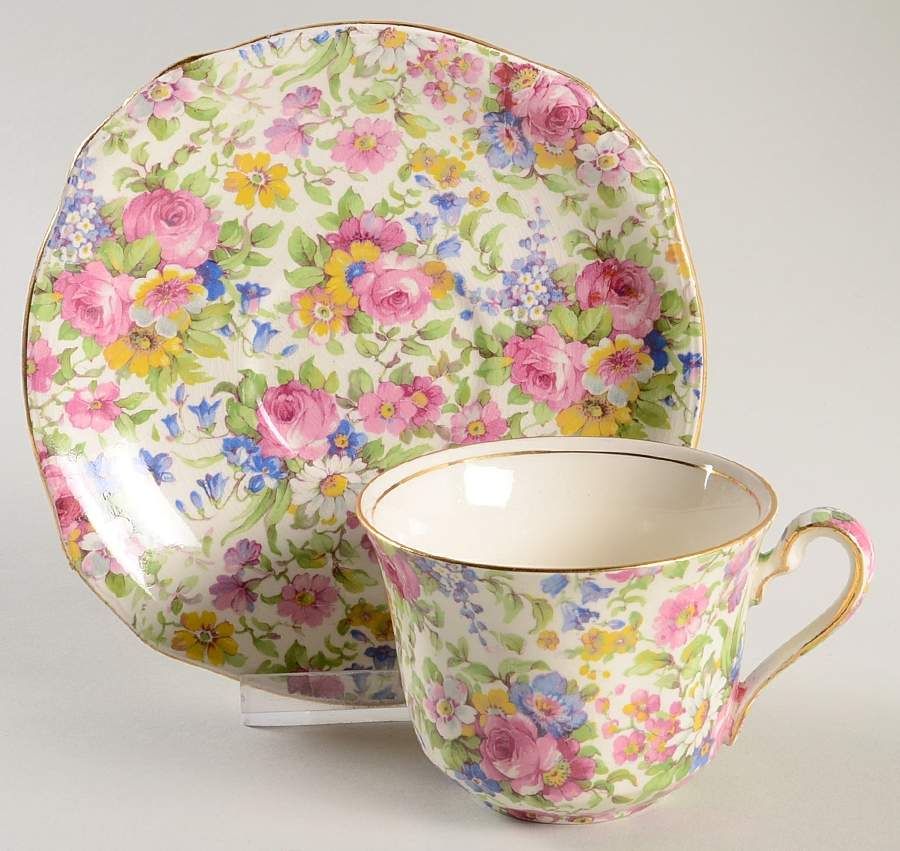 Summertime (Pre 1960, Cream Background, Gold Trim) Flat Cup & Saucer Set by Royal Winton-1