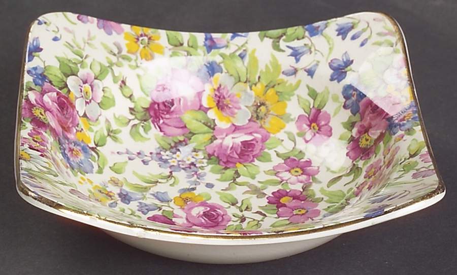 Summertime (Pre 1960, Cream Background, Gold Trim) 4" Square Sweet Meat by Royal Winton-1