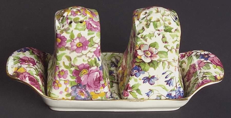 Summertime (Pre 1960, Cream Background, Gold Trim) Fife Salt & Pepper w/Tray Set by Royal Winton-1