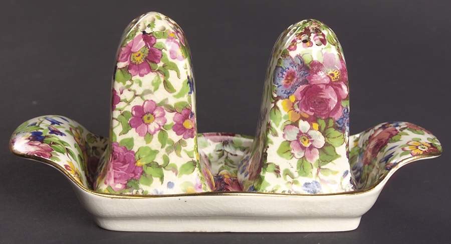 Summertime (Pre 1960, Cream Background, Gold Trim) Acme Salt & Pepper w/Tray Set by Royal Winton-1