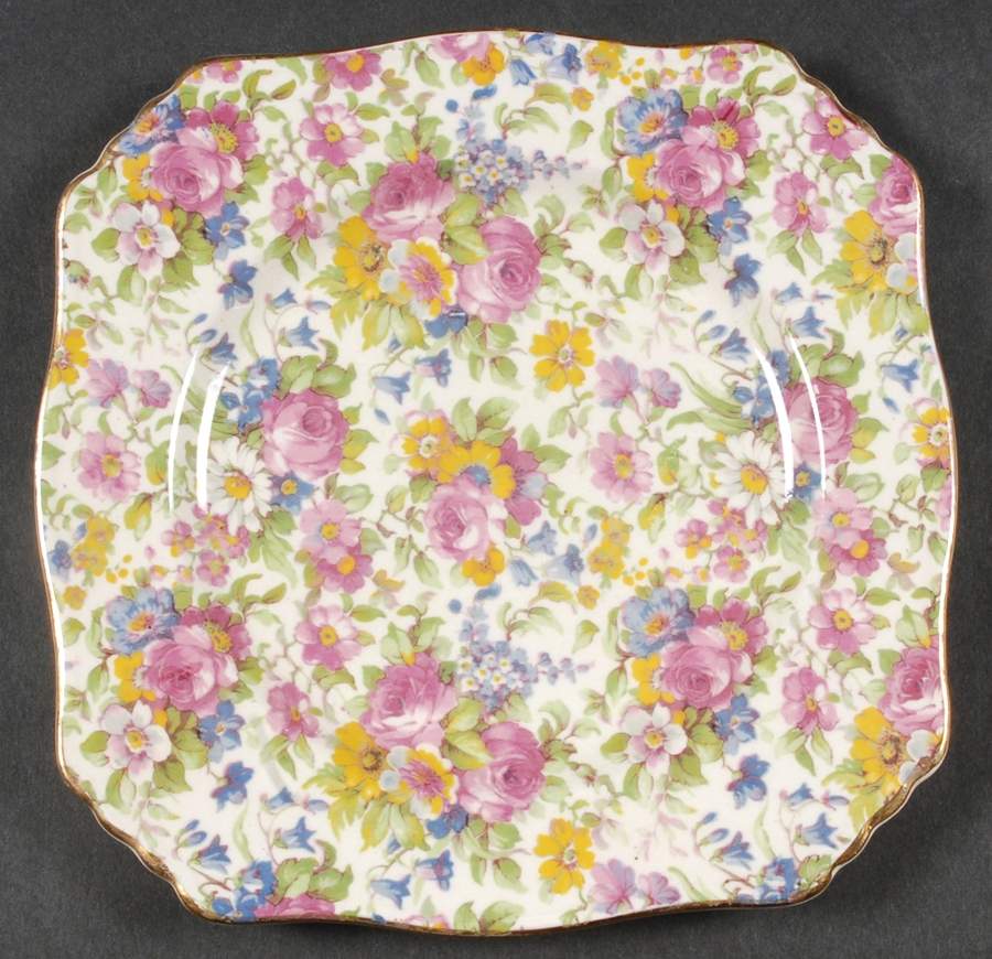 Summertime (Pre 1960, Cream Background, Gold Trim) Square Dessert Plate by Royal Winton-1