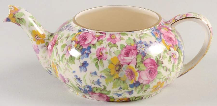 Summertime (Pre 1960, Cream Background, Gold Trim) Mini Stacking Teapot No Lid by Royal Winton-1