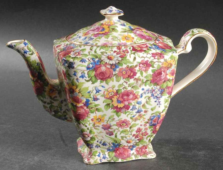Summertime (Pre 1960, Cream Background, Gold Trim) 3 Cup Ascot Teapot & Lid by Royal Winton-1