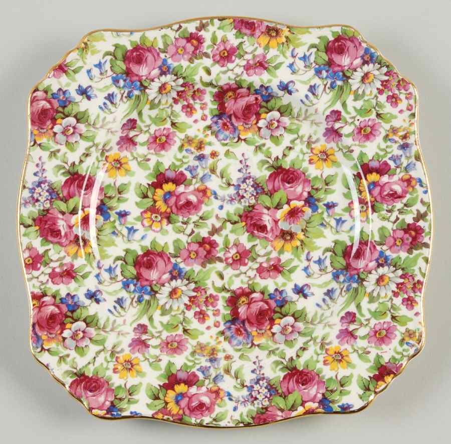 Summertime (Pre 1960, Cream Background, Gold Trim) Square Salad Plate by Royal Winton-1