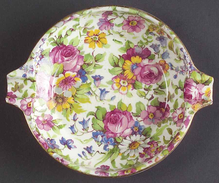 Summertime (Pre 1960, Cream Background, Gold Trim) 2 Slot Round Ashtray by Royal Winton-1
