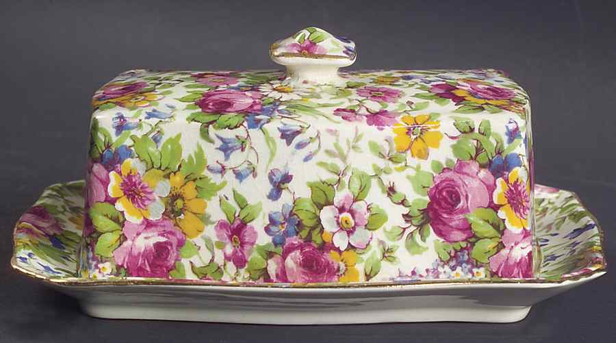 Summertime (Pre 1960, Cream Background, Gold Trim) Covered Butter/Cheese by Royal Winton-1