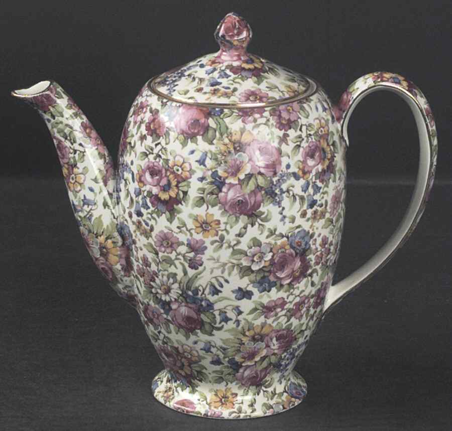 Summertime (Pre 1960, Cream Background, Gold Trim) Albans Shape Coffee Pot & Lid by Royal Winton-1