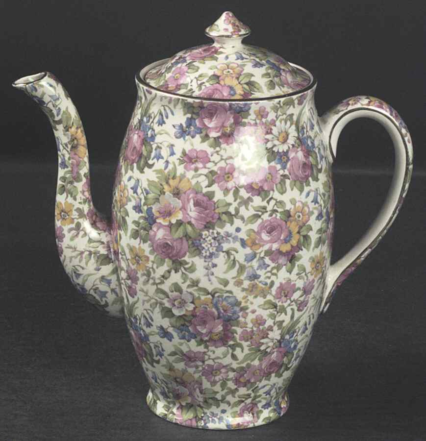 Summertime (Pre 1960, Cream Background, Gold Trim) Perth Shape Coffee Pot & Lid by Royal Winton-1