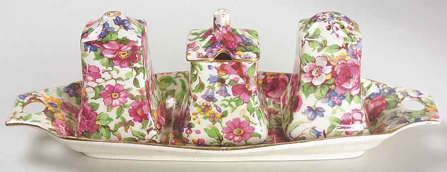 Summertime (Pre 1960, Cream Background, Gold Trim) Fife Cruet Set, Salt and Pepper, Mustard on Tray by Royal Winton-1