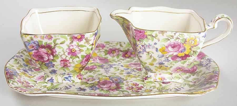 Summertime (Pre 1960, Cream Background, Gold Trim) Ascot Creamer & Open Sugar with Tray by Royal Winton-1