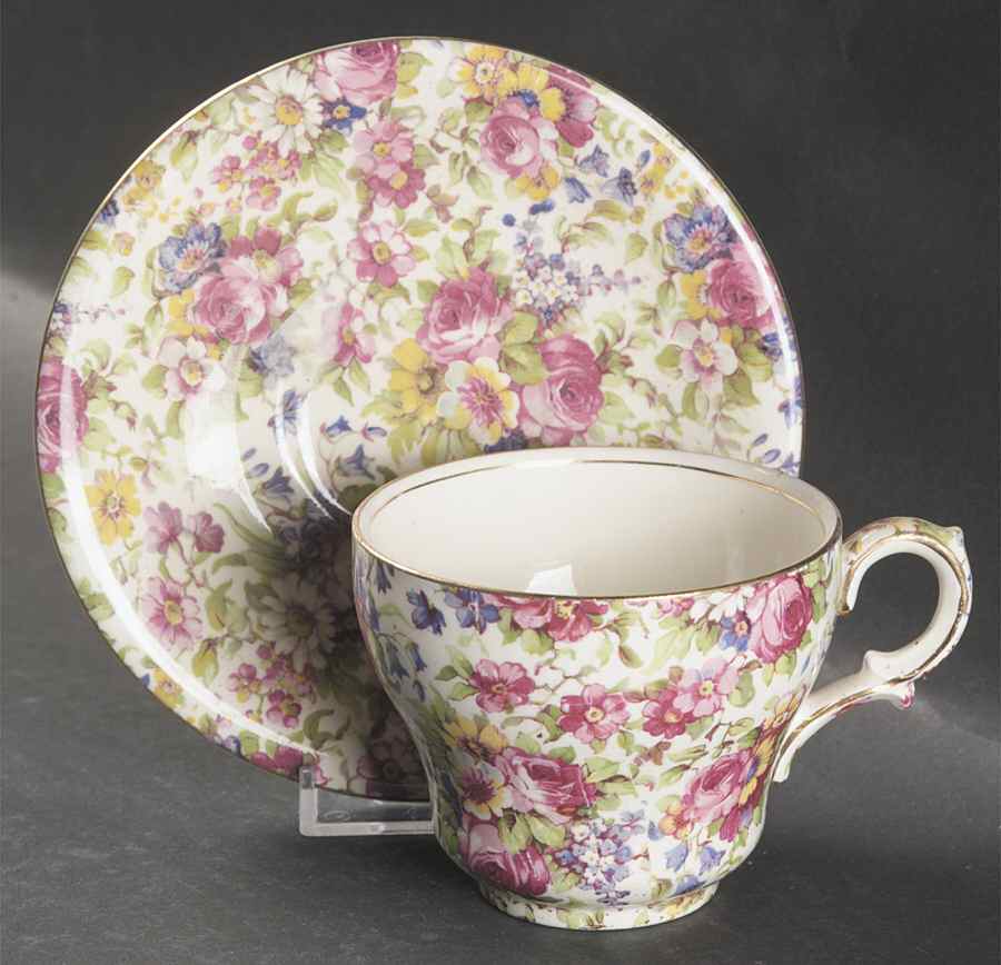 Summertime (Pre 1960, Cream Background, Gold Trim) Footed Cup & Saucer Set by Royal Winton-1