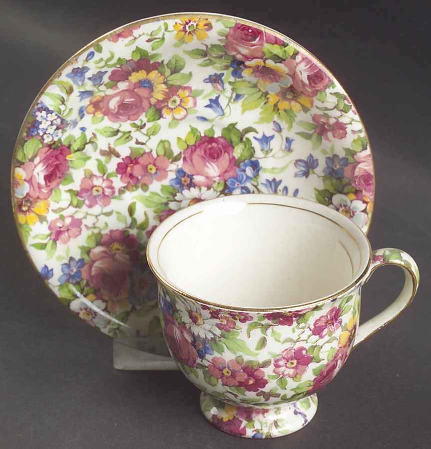 Summertime (Pre 1960, Cream Background, Gold Trim) Albans Footed Demitasse Cup & Saucer Set by Royal Winton-1