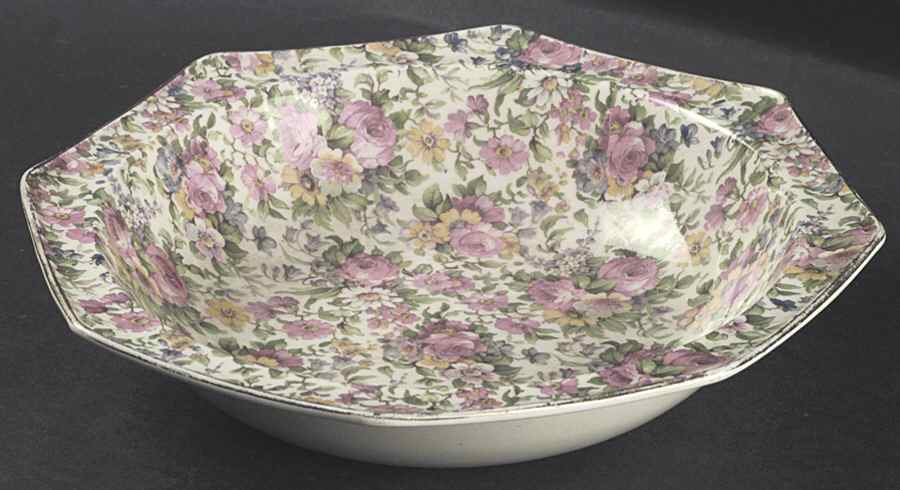 Summertime (Pre 1960, Cream Background, Gold Trim) 9" Large Octagonal Fruit Bowl by Royal Winton-1
