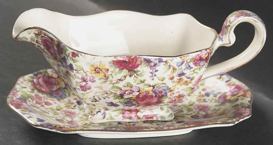 Summertime (Pre 1960, Cream Background, Gold Trim) Gravy Boat & Underplate by Royal Winton-1