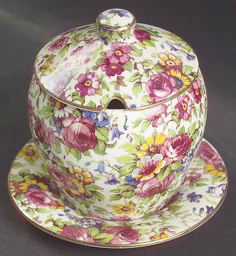 Summertime (Pre 1960, Cream Background, Gold Trim) Jam/Jelly & Lid W/Underplate by Royal Winton-1