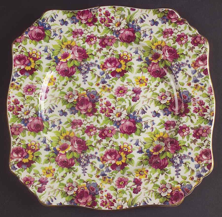 Summertime (Pre 1960, Cream Background, Gold Trim) Square Luncheon Plate by Royal Winton-1
