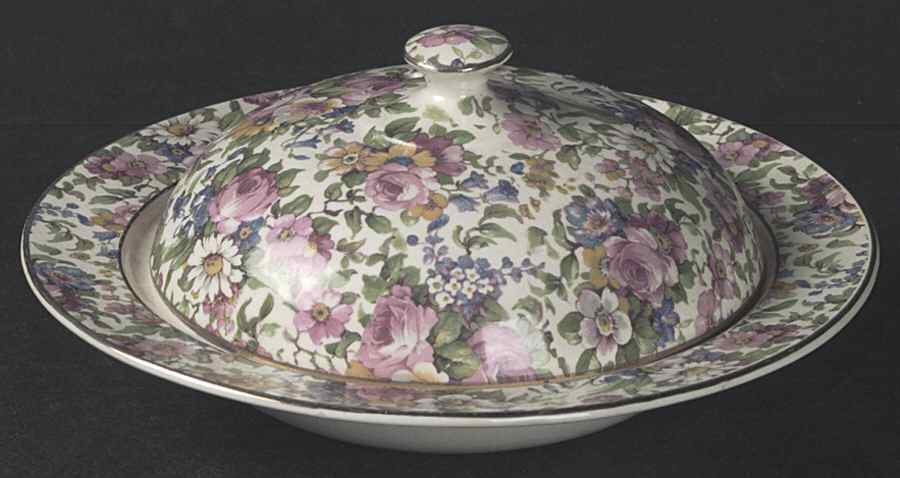 Summertime (Pre 1960, Cream Background, Gold Trim) Muffin Dish & Lid by Royal Winton-1