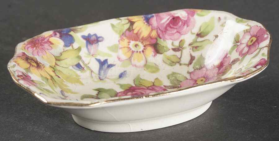 Summertime (Pre 1960, Cream Background, Gold Trim) Individual Nut Dish by Royal Winton-1