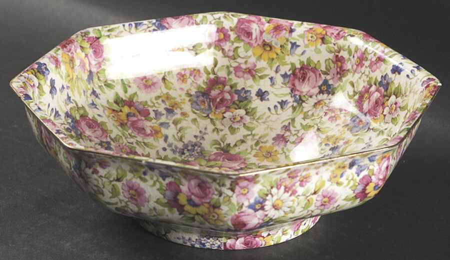 Summertime (Pre 1960, Cream Background, Gold Trim) 7" Octagonal Vegetable Bowl by Royal Winton-1