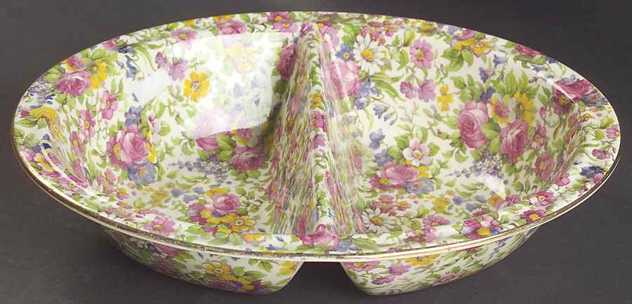 Summertime (Pre 1960, Cream Background, Gold Trim) 10" Oval Divided Vegetable Bowl by Royal Winton-1